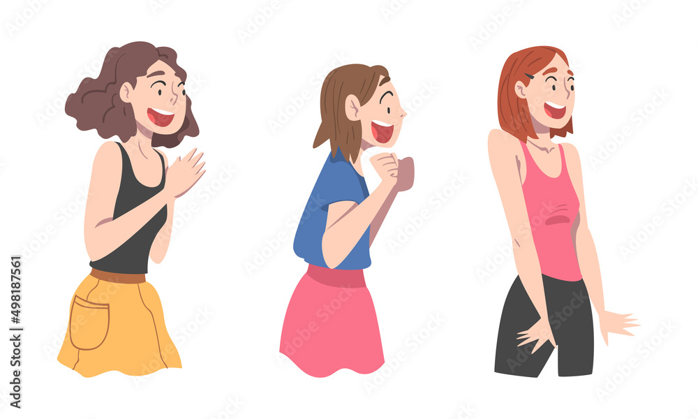Set of happy girls showing various positive emotions. Funny joyful teenage girls cartoon vector illustration Set of happy girls showing various positive emotions. Funny joyful teenage girls cartoon vector illustration