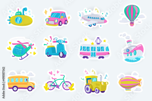 Transport cute stickers set in flat cartoon design. Bundle of submarine, car, airplane, helicopter, scooter, tram, ship, bus, tractor and other. Vector illustration for planner or organizer template