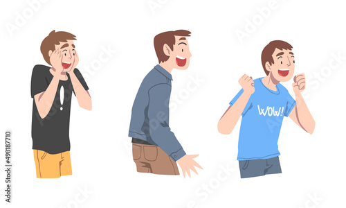 Set of surprised excited young man showing positive emotions cartoon vector illustration