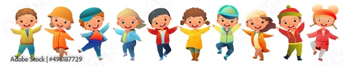 Set Children have fun. Little boys and girls. Cartoon style illustration. Cute childish. Isolated on white background. Vector