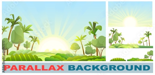 Beautiful countryside in the tropics. Set for parallax effect. Vegetable garden hills and meadows. Morning sunrise. Palm trees and nice summer weather. Funny cartoon style. Green countryside landscape