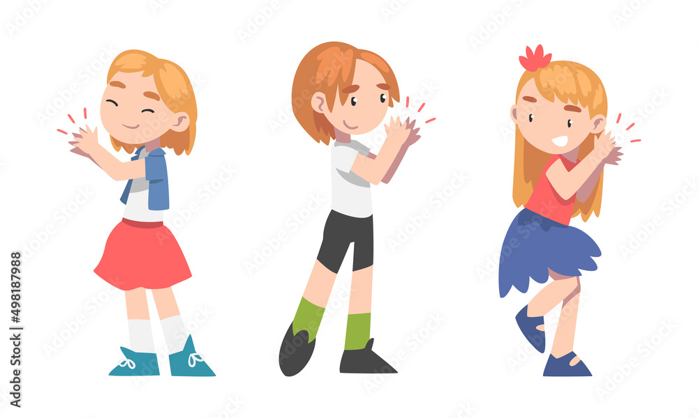 Set of little girls clapping their hands expressing admire and delight cartoon vector illustration