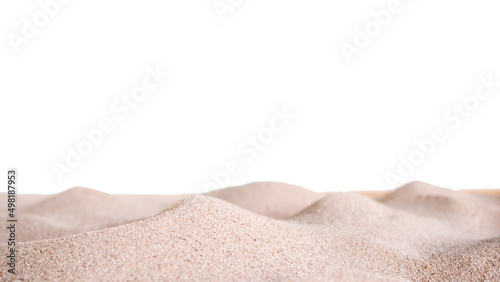 Pile Sand Isolatd on White Background. macro small heap mountain Desert Dry Sandy Beach at Coast of Sea Shore. particle striped texture nature. Tropical Summer Travel Holidays and Environment concept.