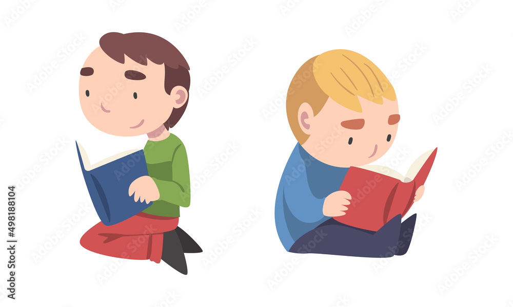 Little boys reading books while sitting on floor set cartoon vector illustration Little boys reading books while sitting on floor set cartoon vector illustration