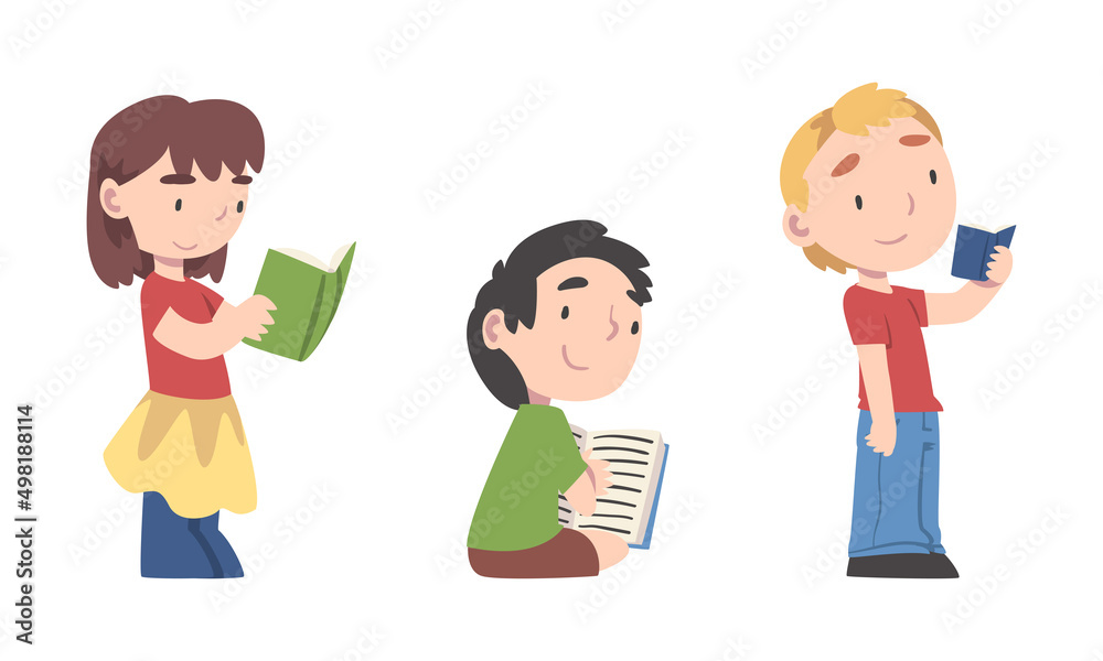Cute little children reading books. Boys and girl studying and learning cartoon vector illustration Cute little children reading books. Boys and girl studying and learning cartoon vector illustration
