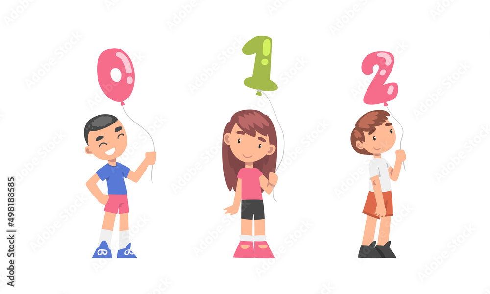 Cute kids holding 0,1,2 number shaped balloons cartoon vector illustration Cute kids holding 0,1,2 number shaped balloons cartoon vector illustration