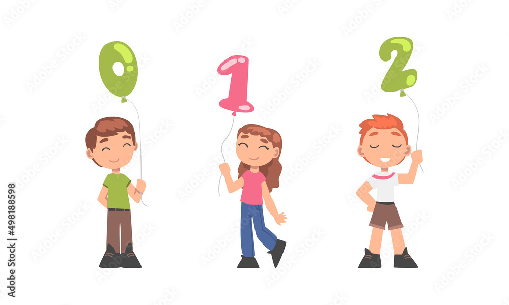 Cute boy and girl holding 0,1,2 number shaped balloons cartoon vector ...