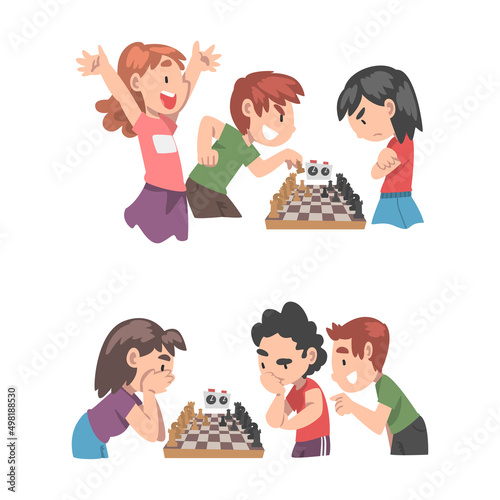 Cute boy and girl playing chess together set. Kids playing board game, competing in tournament cartoon vector illustration