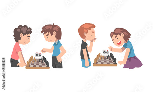 Cute children playing chess together set. Kids playing board logic game, competing in tournament cartoon vector illustration