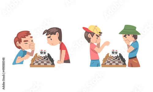 Boys playing chess together set. Children playing board logic game or competing in chess tournament cartoon vector illustration