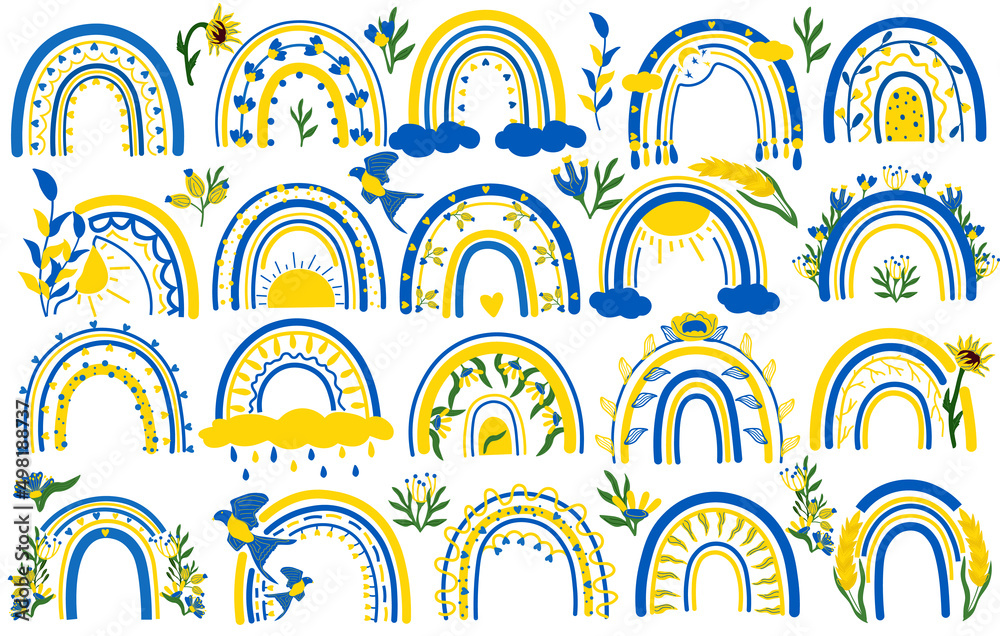 Collection rainbows with hearts, flowers, leaves, cloud, bird in yellow and blue colors. Scandinavian style. This clipart is suitable for printing posters, bags, postcards and other. Vector.