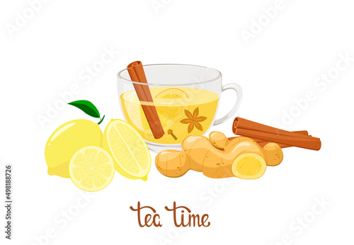 Ginger tea on a white background. Ingredients. Cartoon design.