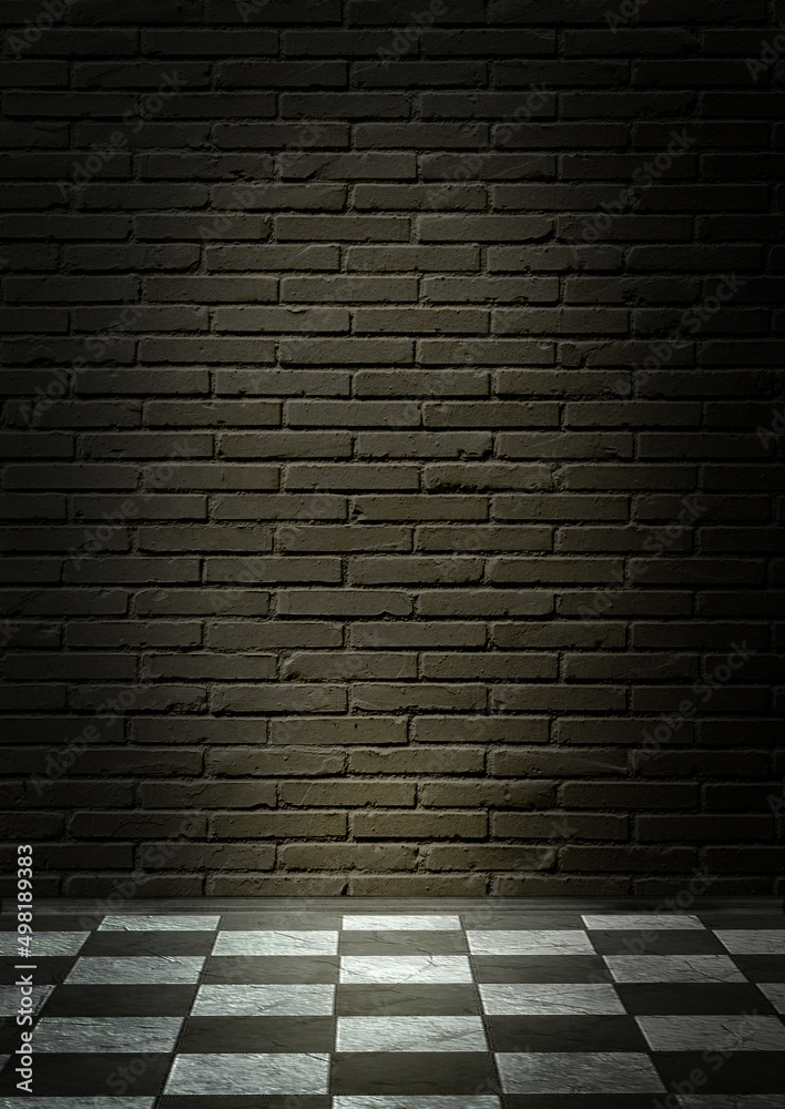 Schwarze Wand mit Ziegelstein, Schachbrettboden und Fußleiste, beleuchtet