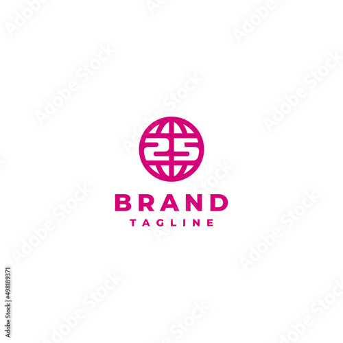 Number 25 in Globe Icon Logo Design. 25th anniversary logo design The number 25 between the equator of the globe icon.	