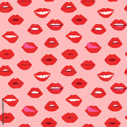 lips with red lipstick seamless pattern. mouth vector illustration hand drawn in cartoon style.