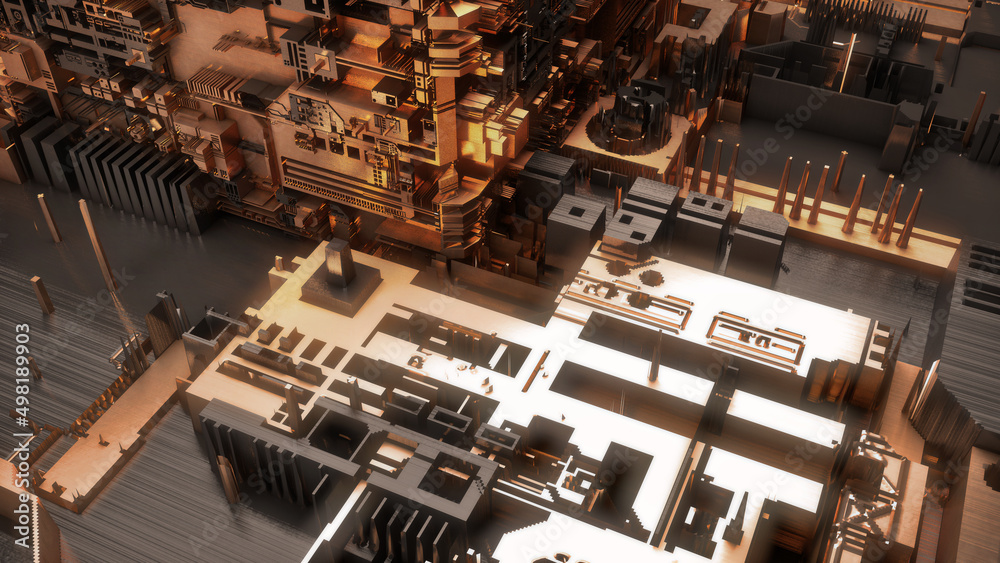 Circuit board with microchips, processors and other hi-tech parts. Futuristic technology. Circuit board micro structure cyberspace. 3d sci fi background. 3d render. Gloden metal. Circuit board with microchips, processors and other hi-tech parts. Futuristic technology. Circuit board micro structure cyberspace. 3d sci fi background. 3d render. Gloden metal.