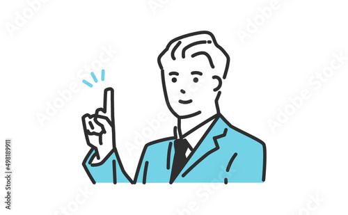 人差し指を立てて顧客の案内をするスーツ姿のビジネスパーソンのシンプルなバストアップイラスト素材 © 有莉 築澤
