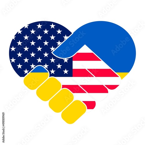 Handshake symbol in the colors of the national flags of USA and Ukraine, forming a heart. The concept of peace, friendship.