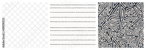 Ethnic triangle spiral, dashed line and diamond geometric seamless pattern set. Black and off-white gender neutral vector design for fashion fabric.