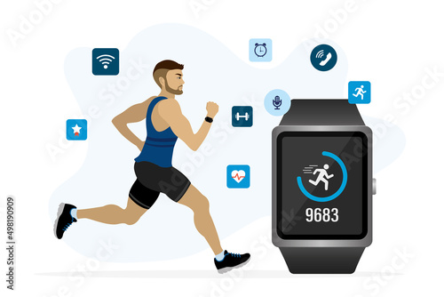 Caucasian sportsman uses smart watch for counting steps. Fitness tracker with application - step counter, pedometer, activity heart rate monitoring. Modern wireless technology.
