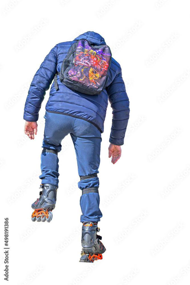 A man learns to rollerblade on a white background A man learns to rollerblade on a white background