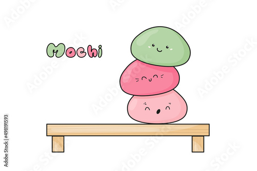 Cute mochi funny characters with kawaii faces on wood. Japanese traditional rice dessert. Mochi vector illustration in doodle style solated on white background