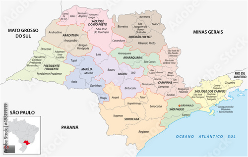 Map of intermediate and immediate geographic regions of Sao Paulo, Brazil photo