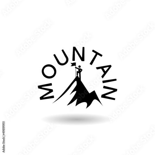 Mountains with flag on top icon with shadow
