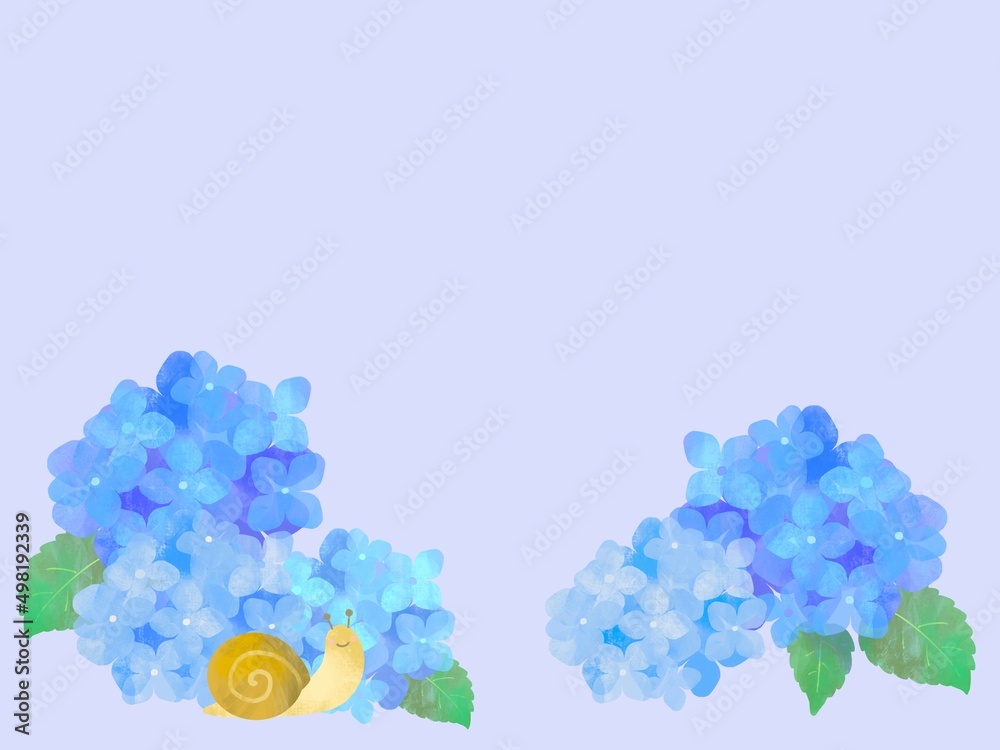紫陽花とカタツムリの背景素材　あじさい　かたつむり　梅雨　