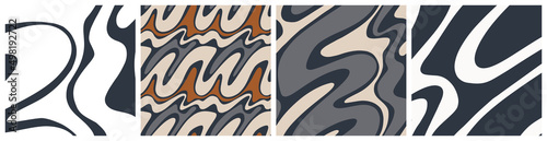 Ripple, waves, hippie seamless pattern in two, three and four color styles, shown in different scale variations. Neutral black and white, trendy earth tones vector design.