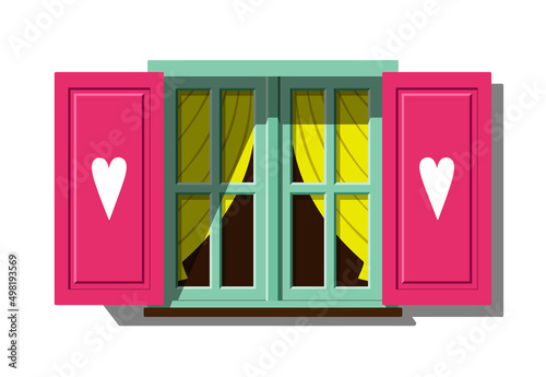 Vintage window with curtains, and pink shutters with hearts isolated on white background. Open retro window flat color vector illustration.