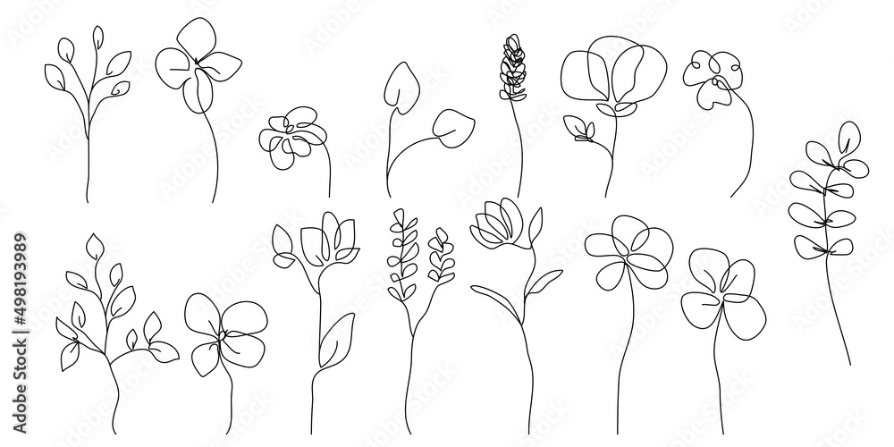 Flowers Line Art Vector Set for Prins, Social Media, Icons. Flowers and Leaves Set in Trendy Minimalist Style. Abstract Botanical Hand Drawn Doodle Template Collection