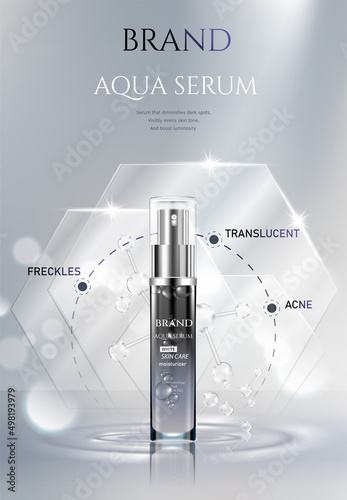 Beautiful cosmetic templates for ads, realistic 3d white tube and silver bottle on a light blue background with water bubbles. Beauty design for premium product