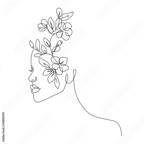 Woman Head of Flowers Line Art Drawing. Flower Head Line Drawing Minimalist Illustration. Female Line Art, Wall Art Sketch Woman, Illustration. Vector EPS 10