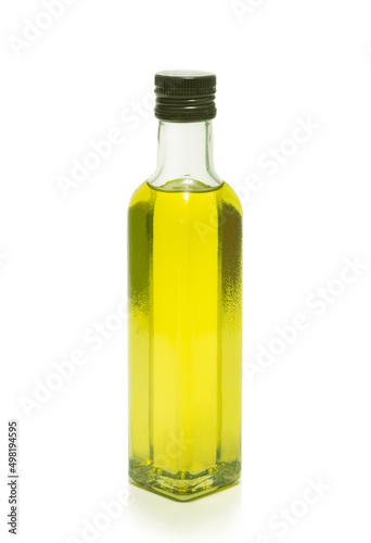 cooking olive oil glassy bottle, isolated