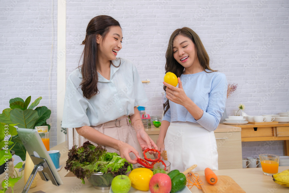 Couple women exercise and living lifestyle at home.