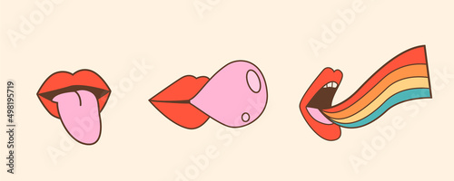 Mouth with tongue sticking out, lips blowing pink bubble gum and open mouth with rainbow. Various mimic emotions and facial expressions. Vector illustration in vintage retro style.