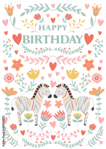 Happy Birthday  folk style greeting card with cute zebras and floral motifs  and hearts.