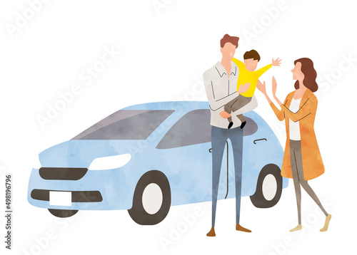 ベクターイラスト素材：車と家族
