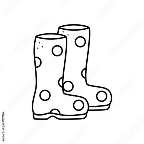 Funny rubber boots with polka dots, vector illustration of doodle cartoon style. Waterproof shoes for the garden or rain.