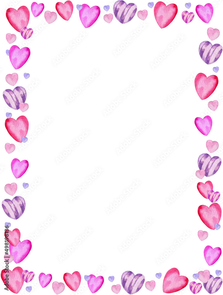 border with heart to Valentine day theme, watercolour hand draw, pink and lilac colour on white background
