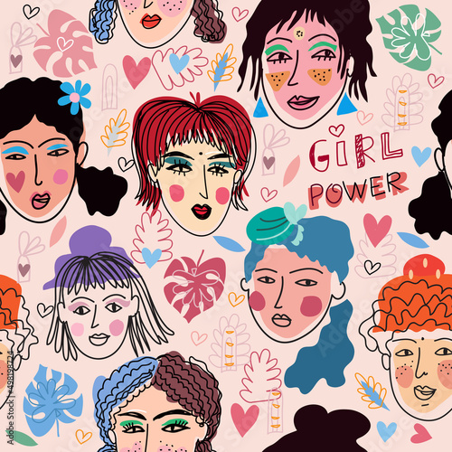 Girl power. Break The Science Bias International Women's Day Cute seamless pattern in cartoon style Friendship, sisterhood, girl power, feminist union concept. Vector illustration