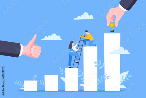 Business mentor helps to improve career and holding stairs steps vector illustration. Mentorship, upskills, climb help and self development strategy flat style design business concept.