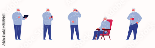 Set of poses, emotions, scenes, situations of modern elder person. Fat, cheerful elderly human in denim casual clothes. Happy old man. Flat vector illustration isolated on white background.