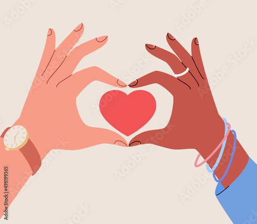 Heart in center of folded black and white hands in shape of heart. Concept of social assistance, charity, volunteering, equality and mutual respect, love and peace. Colored flat vector illustration.