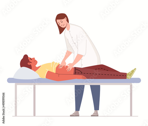 Bellyache, health concept. Doctor palpates patient's abdomen. Vector illustration flat cartoon isolated white background.
