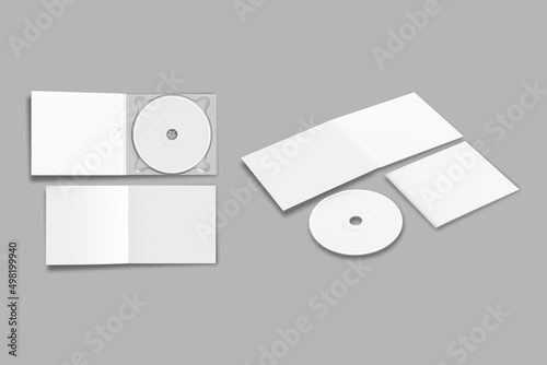 CD disc and carton packaging cover template mock up. Digipak case of cardboard CD drive. With white blank for branding design or text. Isolated on a background. 3d rendering. photo