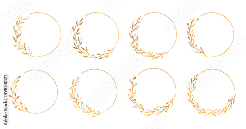Gold circle frame, elegant wreath round border. Hand drawn doodle sketch style. Floral circle frame, flourish design element for wedding, greeting card. Vector illustration.