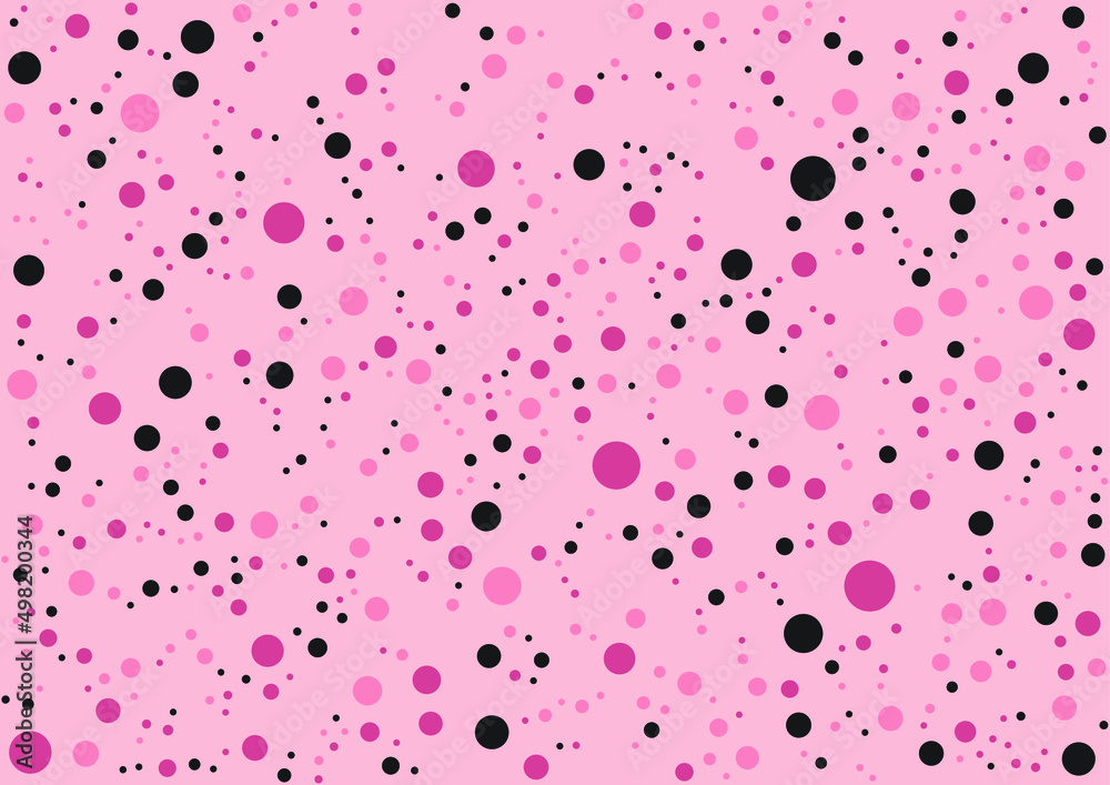 Polka dots on blush background, Beautiful dotted design, Seamless pattern of pink and black spots. Simple repeatable dotted background. Sweet textile, Vector illustration EPS 10.