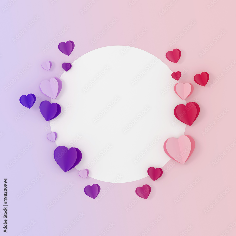 Circular gift card and paper hearts around on a gradient background.